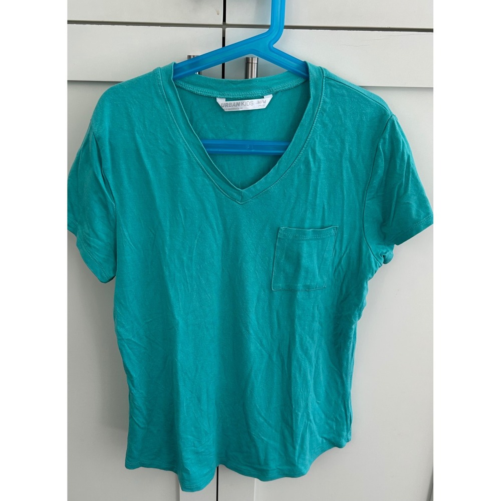 Urban Kids V-Neck Pocket T-Shirt Basic Everyday Top Teal Blue Size‎ M/M